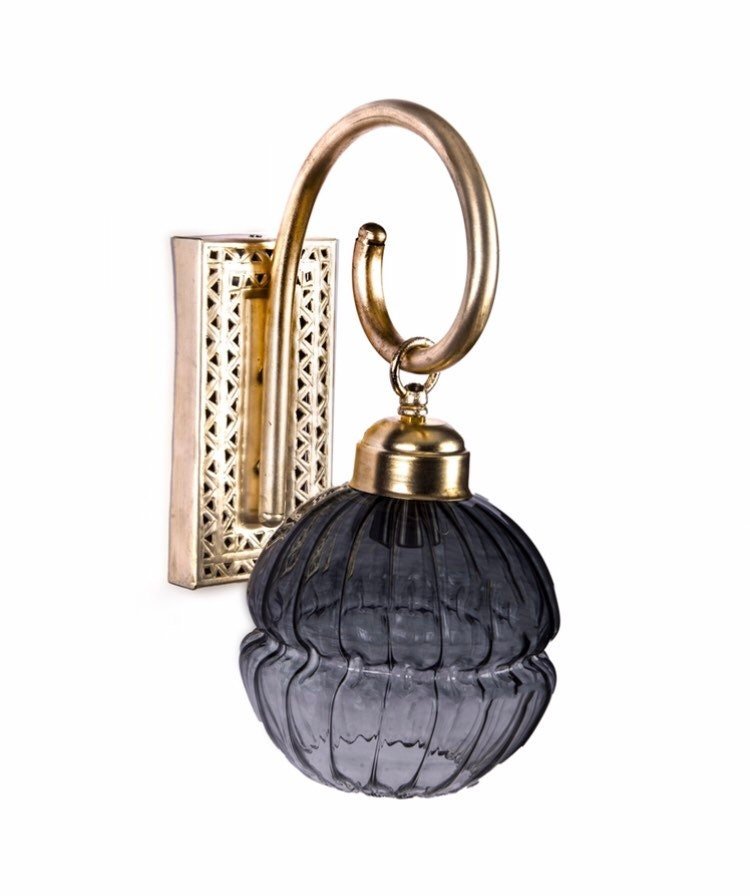 Antique Brass Wall Sconce with Ribbed Black Glass Globe β Luxurious Vintage-Inspired Accent Lighting | Les Trois Pyramides