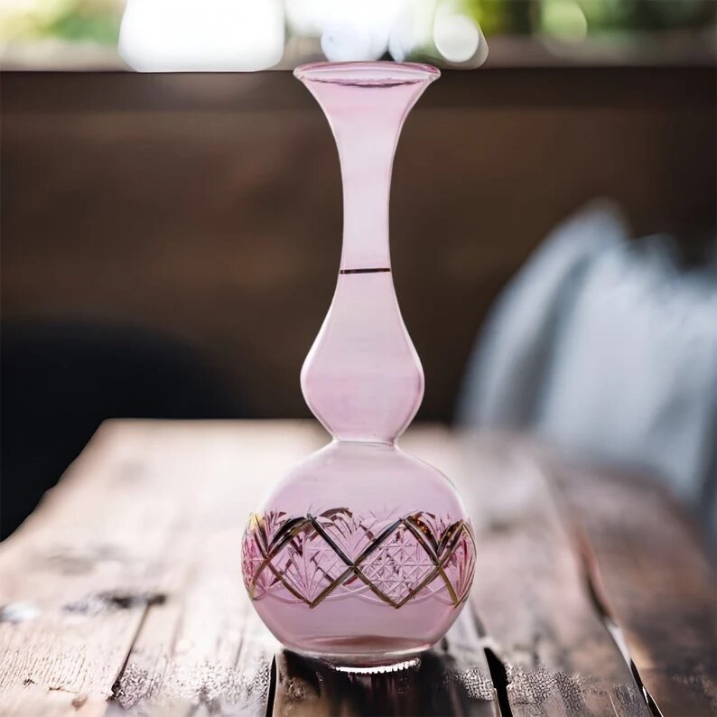 Art Deco Vase Embossed with 14 K Gold , Hand Blown Glassware , Blown Glass Vases , Vintage Glass Vase , Glass Vases , Vase for Flowers - Les Trois Pyramides