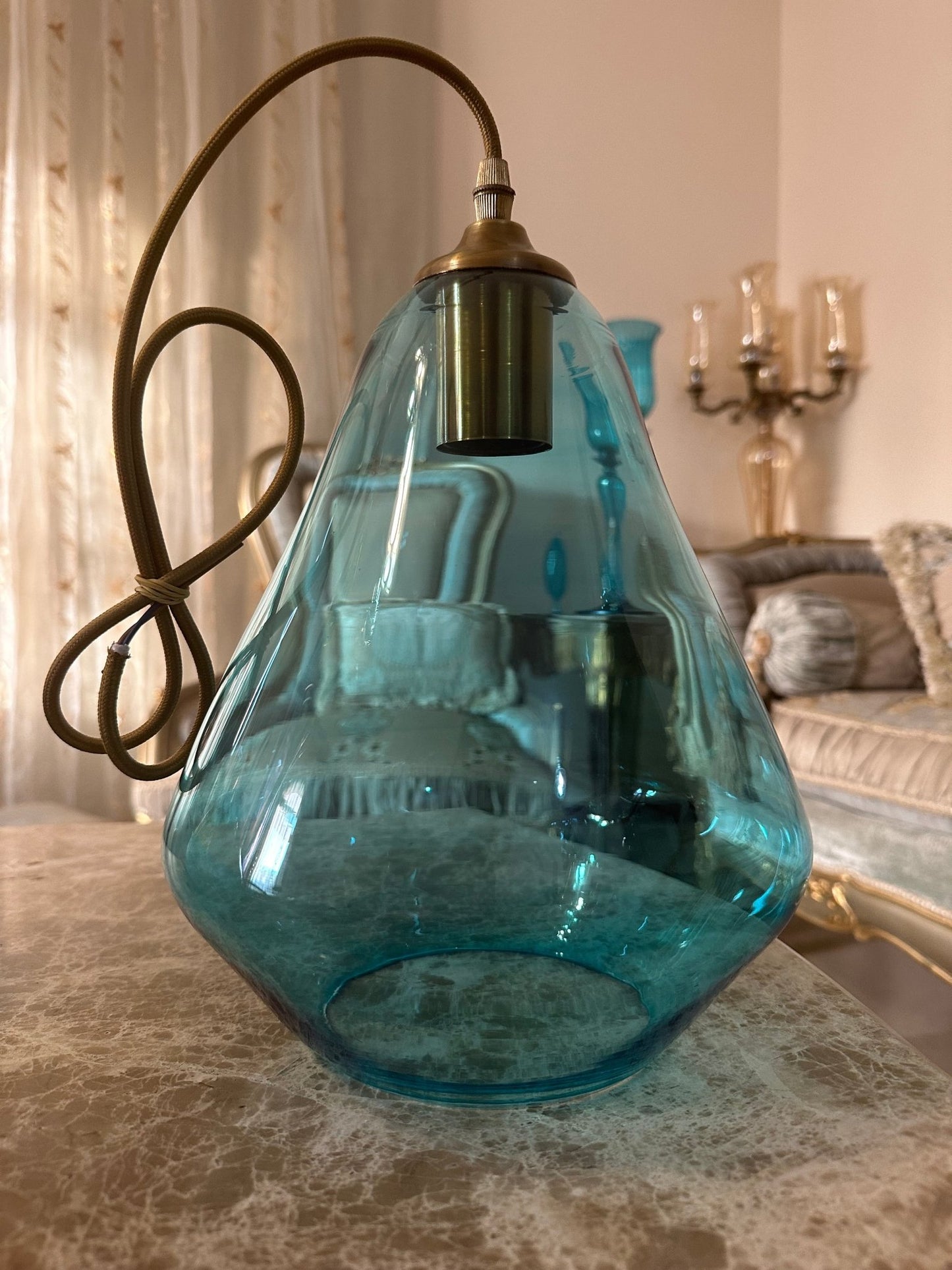 Azure Glow: Handcrafted Light Blue Blown Glass Pendant Light
