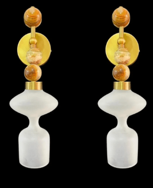Set of Two Blown Frosted Glass & Natural Marble stones wall lamp - over mirror light | Les Trois Pyramides