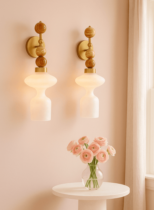 Set of Two Blown Frosted Glass & Natural Marble stones  wall lamp - over mirror light | Les Trois Pyramides