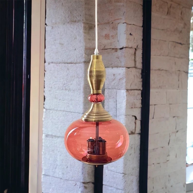 Blown Glass + Copper Light Pendant for Kitchen Decor - Les Trois Pyramides