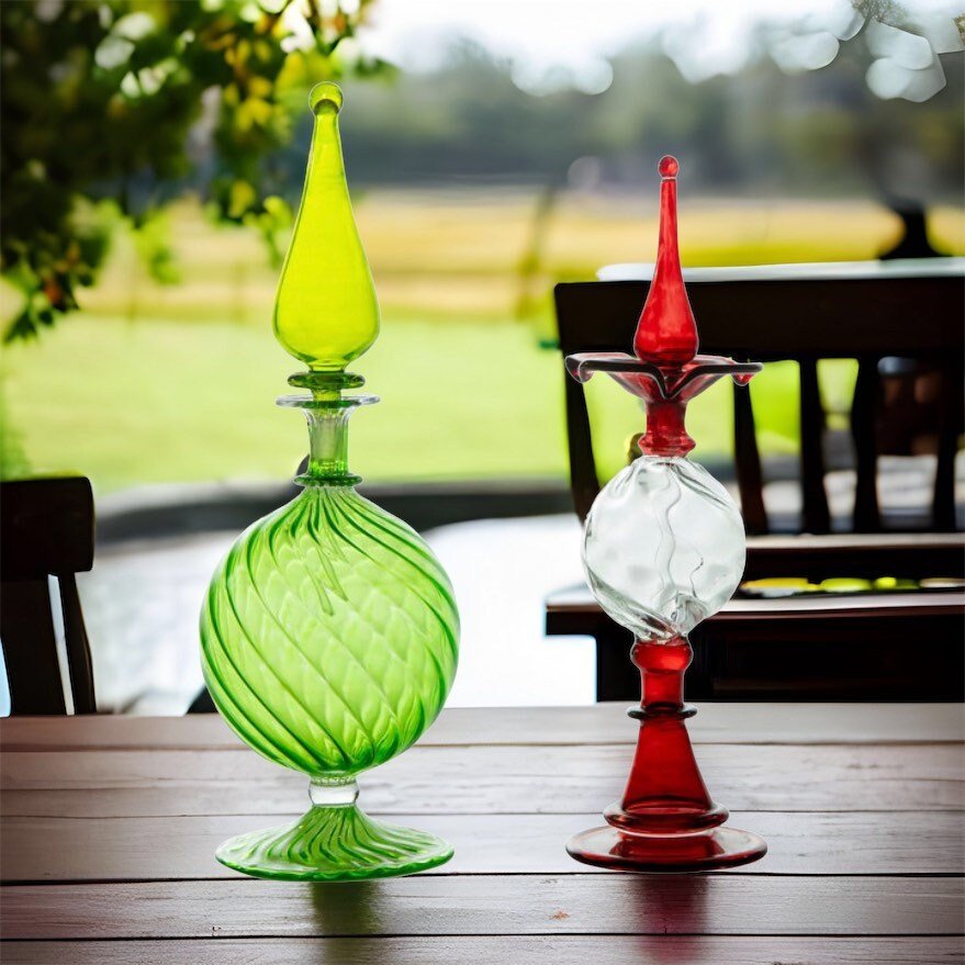 Perfume Bottles Set of Two - Hand Painted - Empty Perfume Bottle - Hand Blown Glass - Custom Perfume Bottle - Colored Glassware - Gifts - Les Trois Pyramides