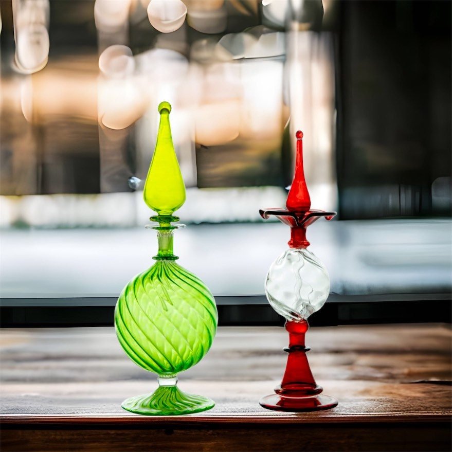 Perfume Bottles Set of Two - Hand Painted - Empty Perfume Bottle - Hand Blown Glass - Custom Perfume Bottle - Colored Glassware - Gifts - Les Trois Pyramides