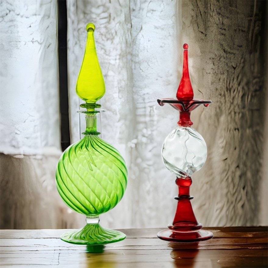 Perfume Bottles Set of Two - Hand Painted - Empty Perfume Bottle - Hand Blown Glass - Custom Perfume Bottle - Colored Glassware - Gifts - Les Trois Pyramides
