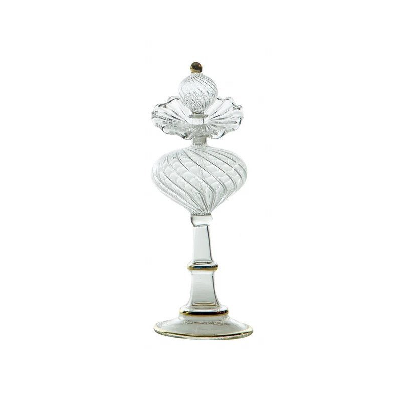 Clear Ribbed perfume bottle with stopper with white background | Les Trois pyramides