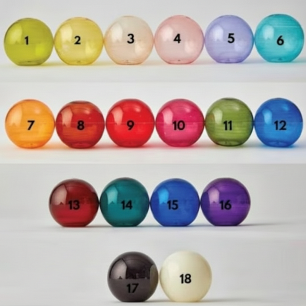 Set of colorful numbered balls arranged in a grid on a white background
