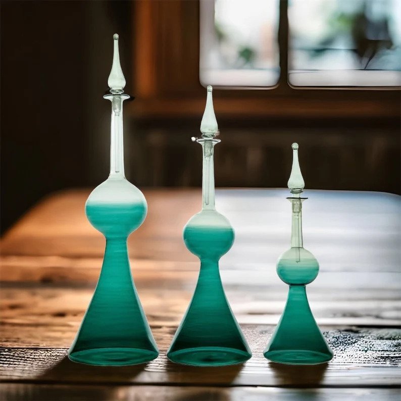 Elegant Teal Gradient Decorative Bottles for Home Decor and Display | Les Trois Pyramides