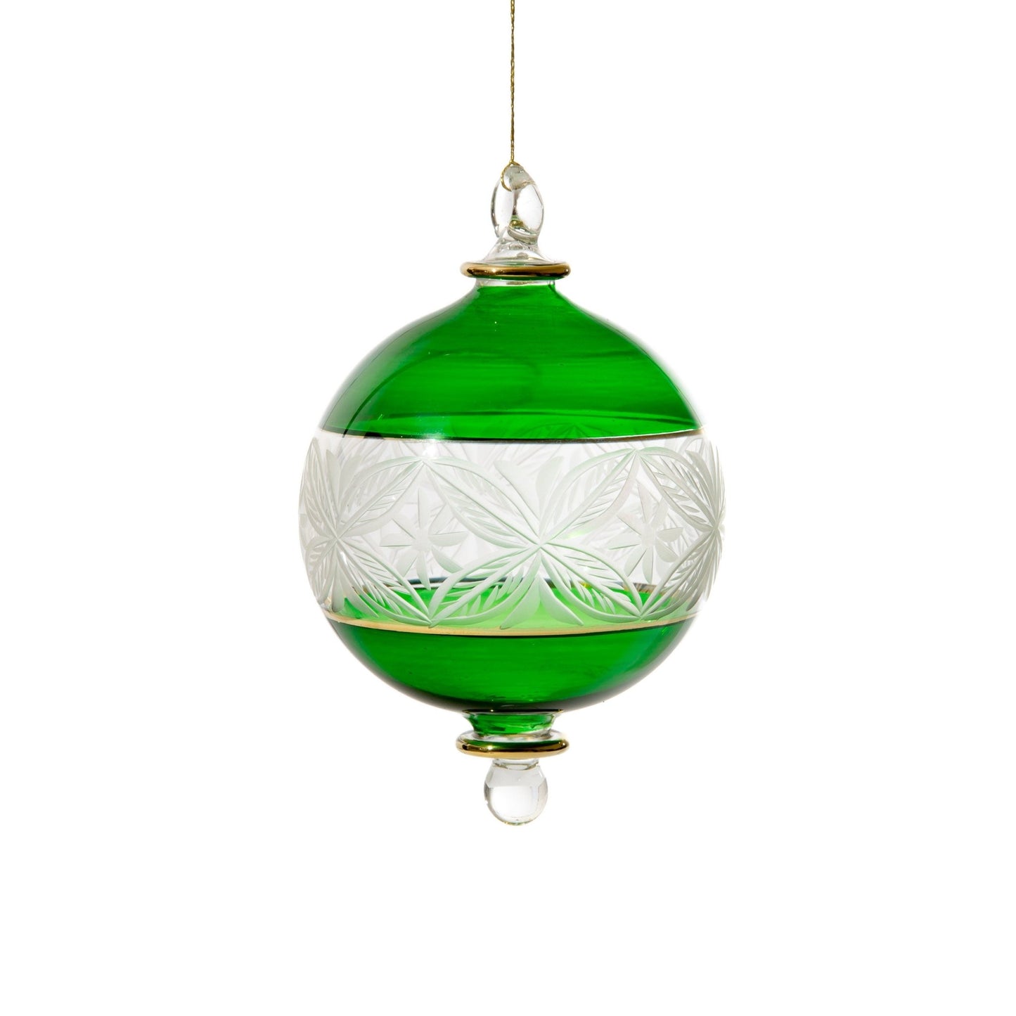 Engraved Hand Blown Green Tree Topper Ornament For Christmas Decorations Emboss With 14 K Gold , Hanging Ball Ornaments For Christmas - Les Trois Pyramide