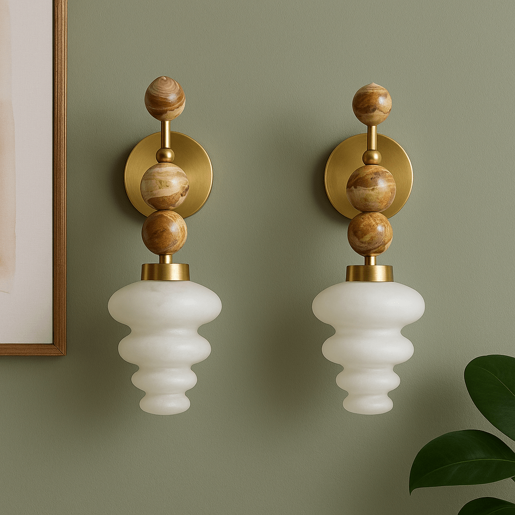 Set of Two Frosted Blown Glass layers & Natural Marble stones wall lamp - Les Trois Pyramides