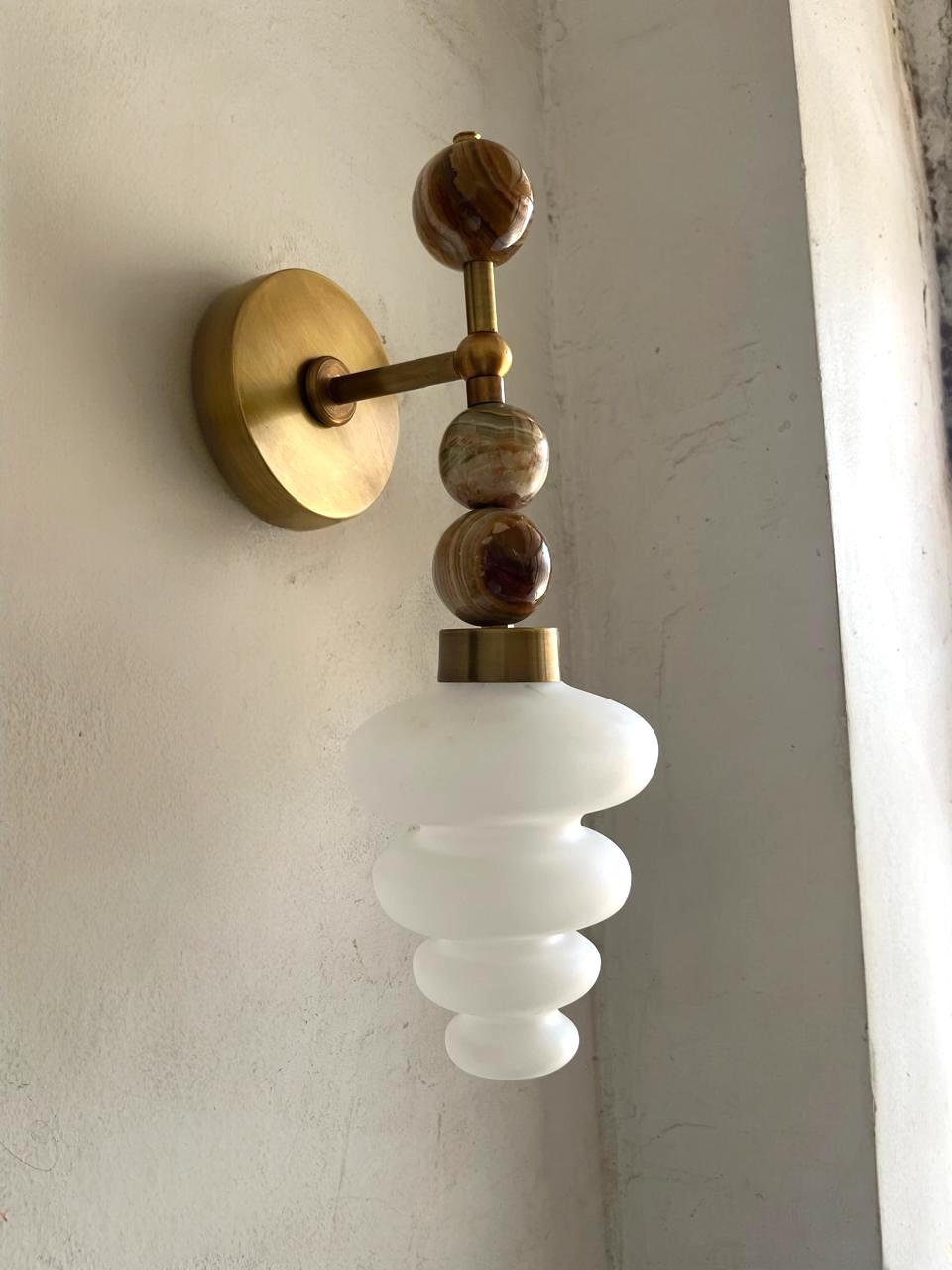 Frosted Blown Glass layers & Natural Marble stones wall lamp - Les Trois Pyramides