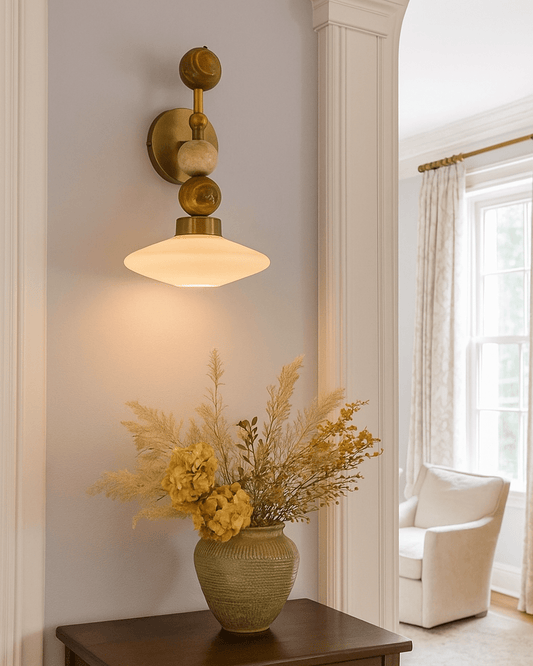 Set of Two Frosted Blown Glass & Natural Marble stones wall lamp | Les Trois Pyramides