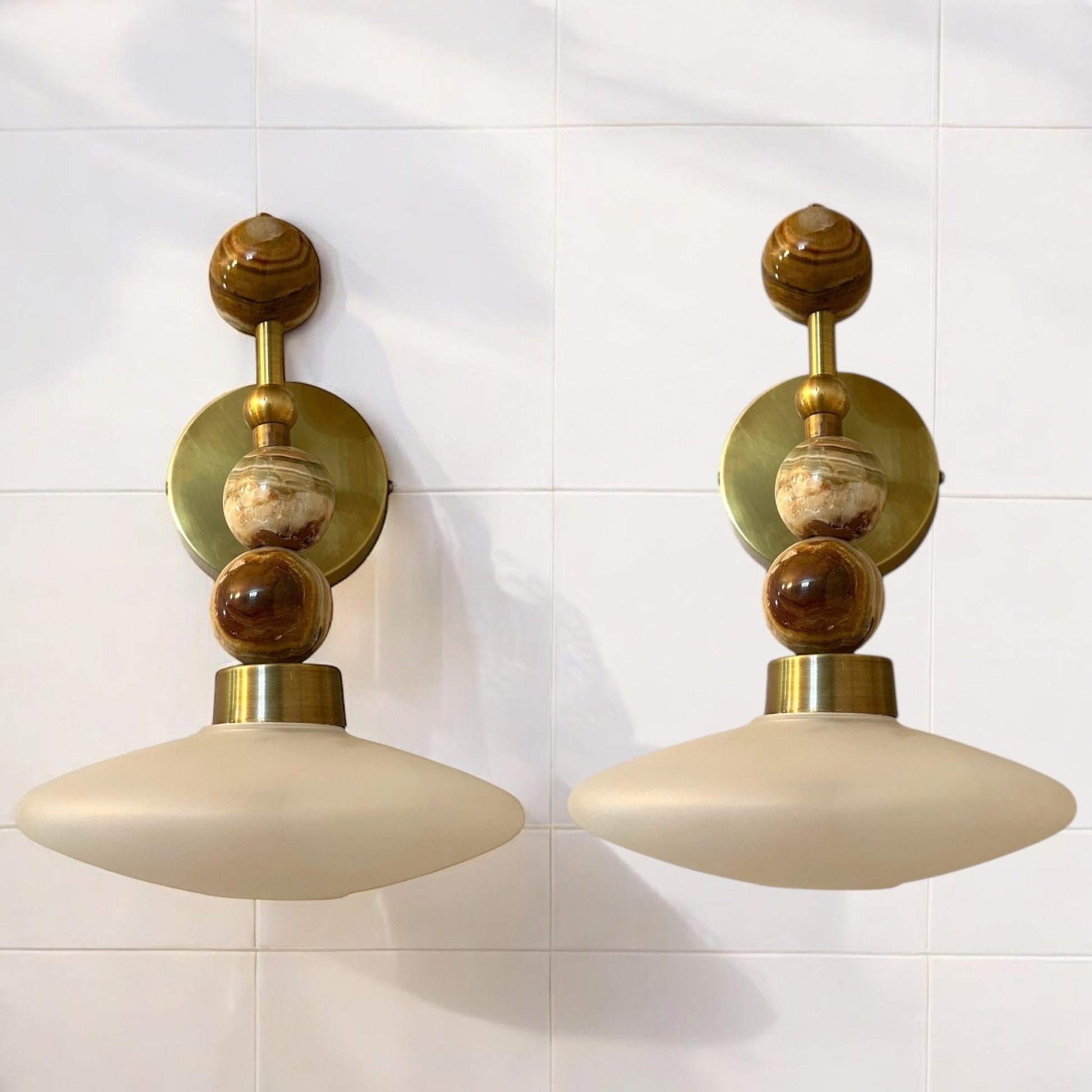 Set of Two Frosted Blown Glass & Natural Marble stones wall lamp | LesTroisPyramides