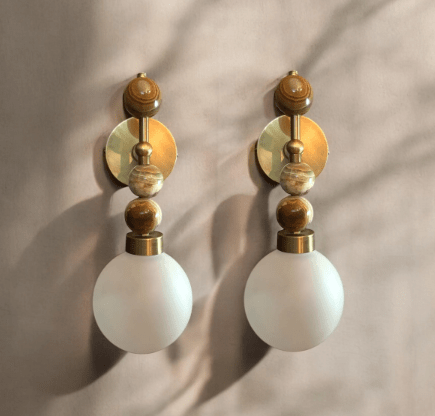 Frosted Blown Glass & Natural Marble stones wall lamp - Les Trois Pyramides