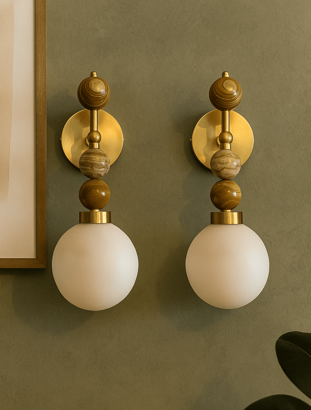 Frosted Blown Glass & Natural Marble stones wall lamp - Les Trois Pyramides