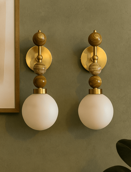 Frosted Blown Glass & Natural Marble stones wall lamp - Les Trois Pyramides