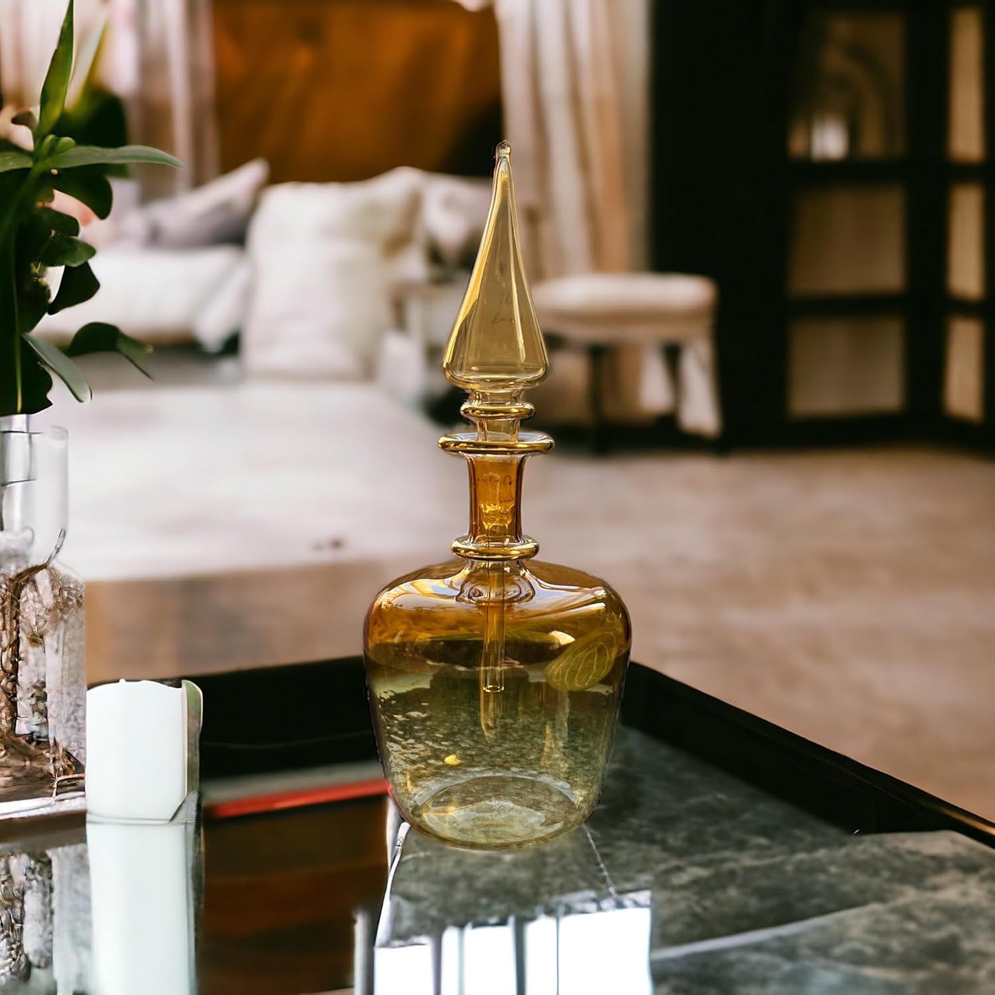 Gold Orange Blown Glass perfume Bottle with stopper and 14K Gold | Les Trois Pyramides