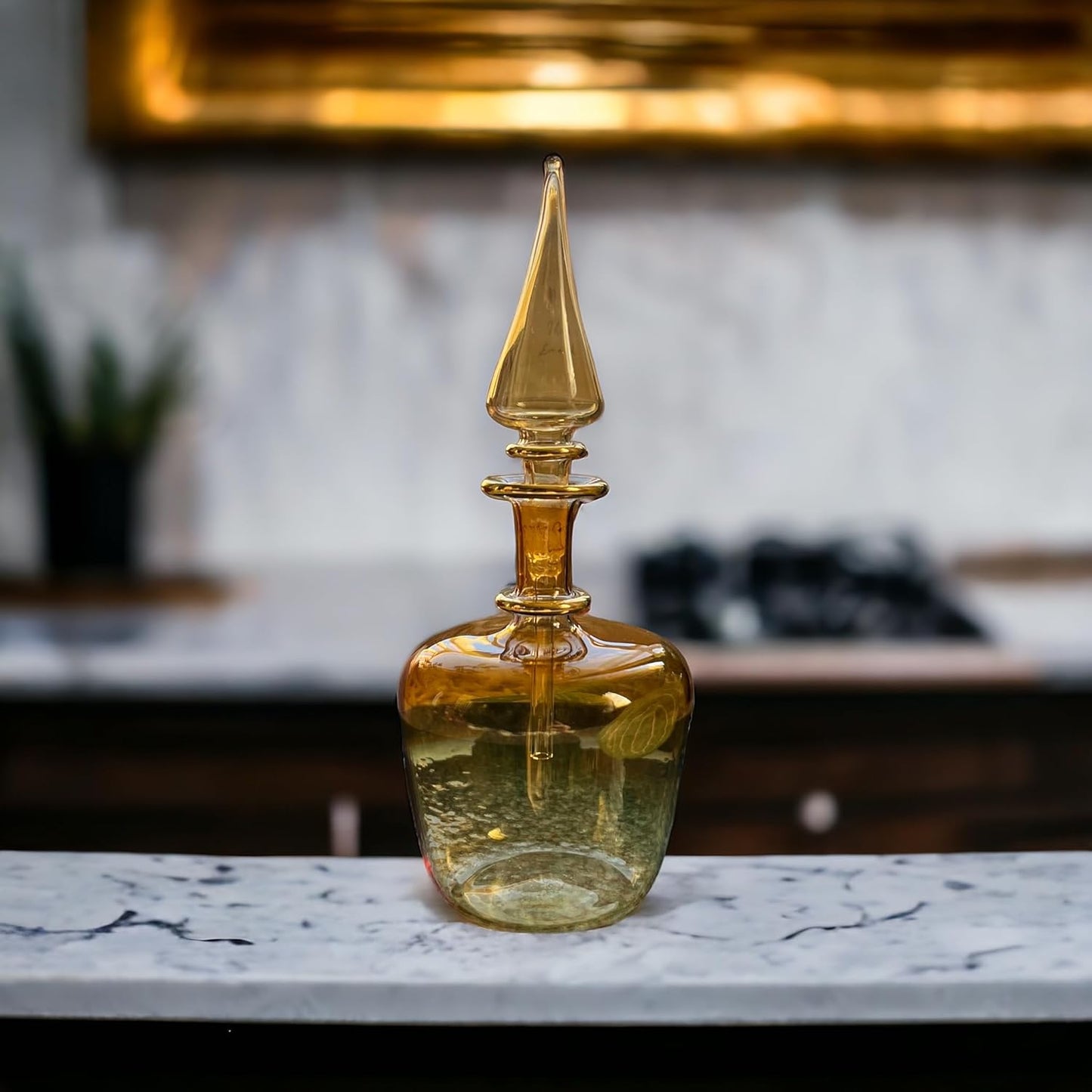 Gold Orange Blown Glass perfume Bottle with stopper and 14K Gold | Les Trois Pyramides