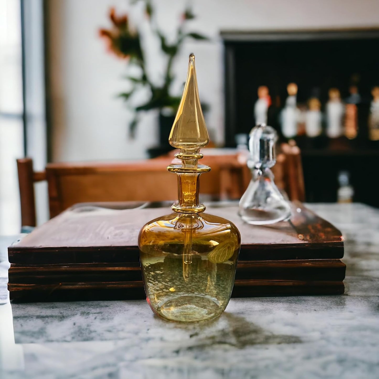Gold Orange Blown Glass perfume Bottle with stopper and 14K Gold | Les Trois Pyramides