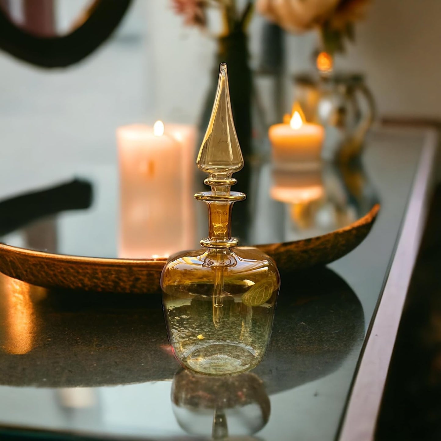 Gold Orange Blown Glass perfume Bottle with stopper and 14K Gold | Les Trois Pyramides