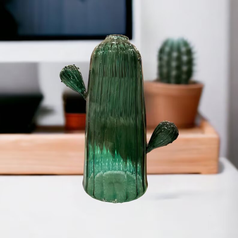 Green Cactus Shaped Art Deco Vase - Hand Blown Glassware - Blown Glass Vases - Large Vase - Colored Glass Vases - Vase for Flowers - Les Trois Pyramides