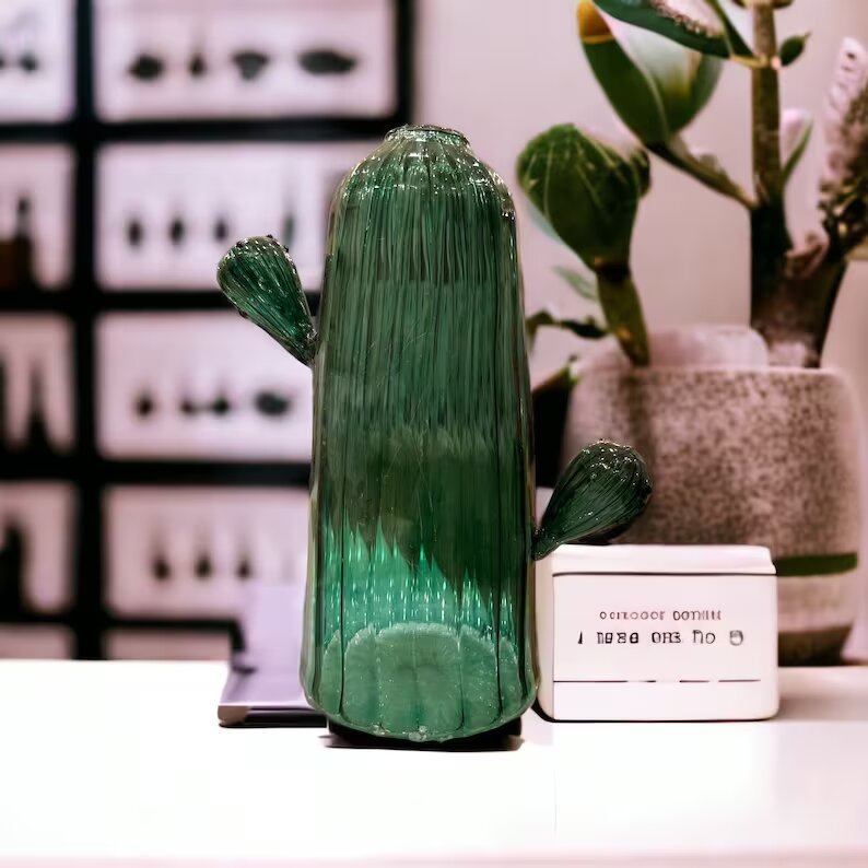 Green Cactus Shaped Art Deco Vase - Hand Blown Glassware - Blown Glass Vases - Large Vase - Colored Glass Vases - Vase for Flowers - Les Trois Pyramides