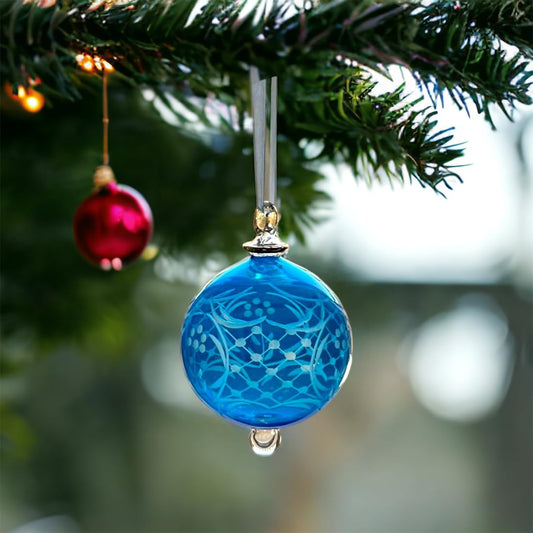 Hand-Blown Blue Glass Ornament with Intricate Etching โ Elegant Holiday Tree Decoration