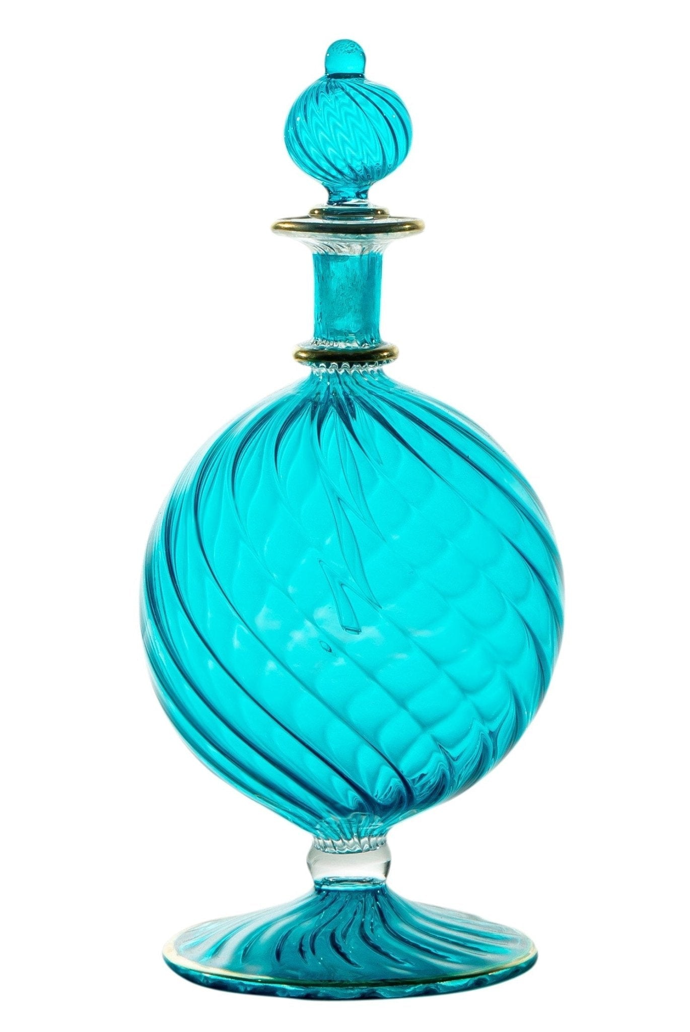 Hand-Blown Blue Glass Perfume Bottle with Swirled Design โ Decorative Art Glass Piece | Les Trois Pyramides