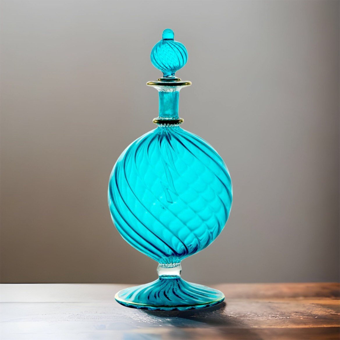 Hand-Blown Blue Glass Perfume Bottle with Swirled Design β Decorative Art Glass Piece | Les Trois Pyramides