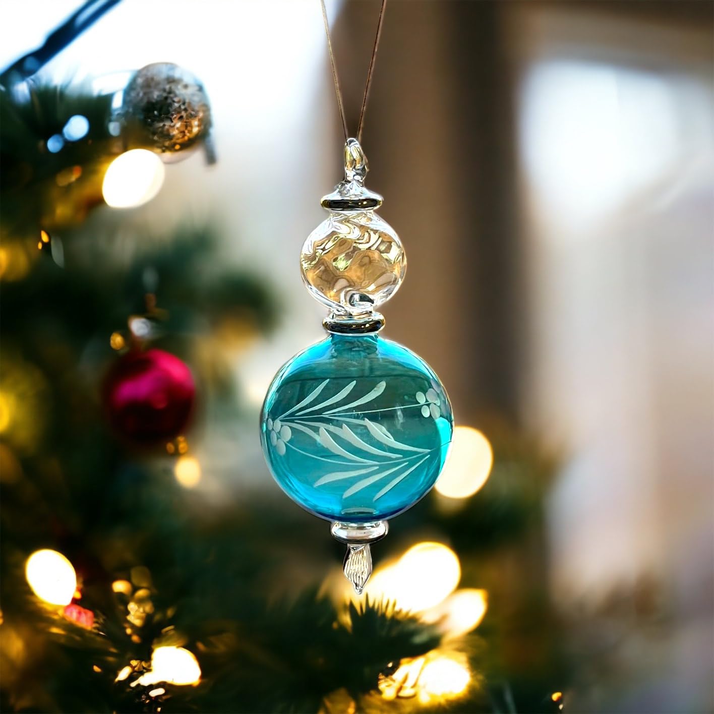 Hand-Blown Glass Christmas Ornament for Xmas Decorations Turquoise - Les Trois Pyramides