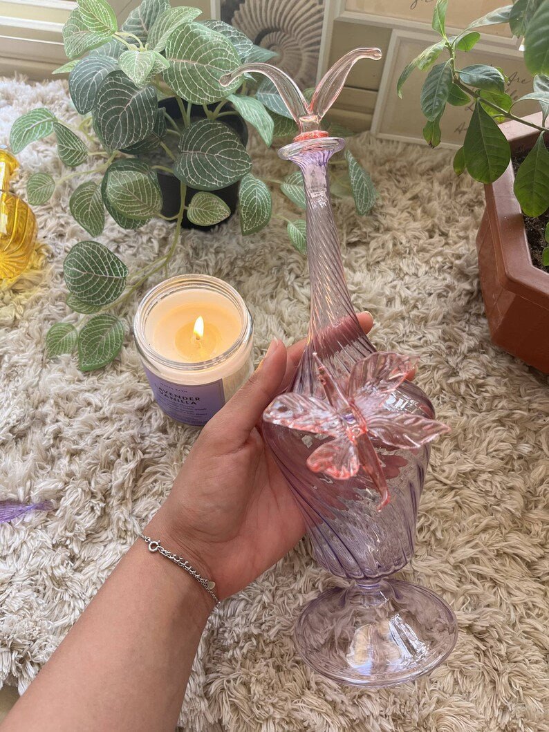 Hand-Blown Purple Glass Perfume Bottle with Dragonfly Accent | Les Trois Pyramides