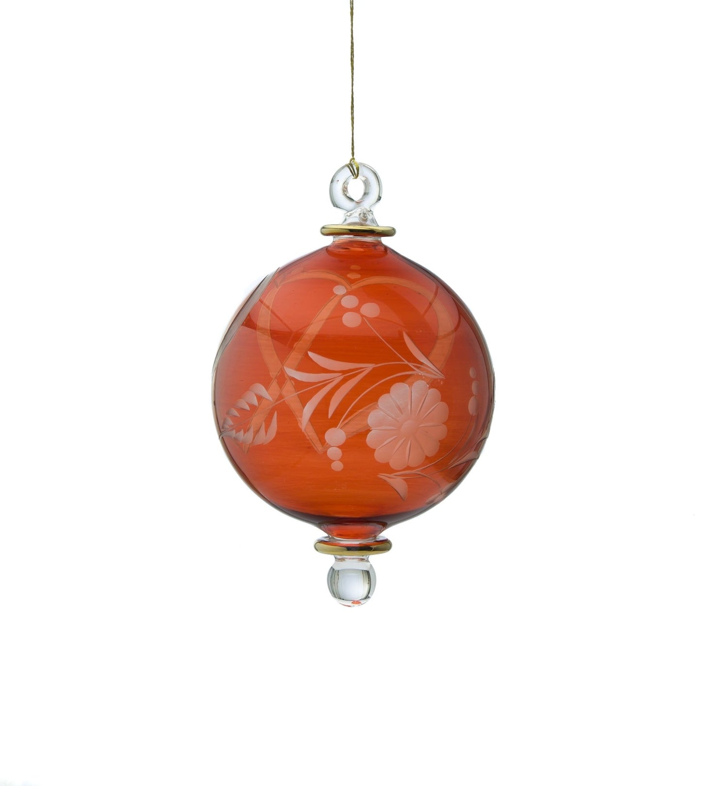 Hand-Blown Red Glass Christmas Ornament β Engraved Floral Design for Elegant Holiday Decor | Les Trois Pyramides