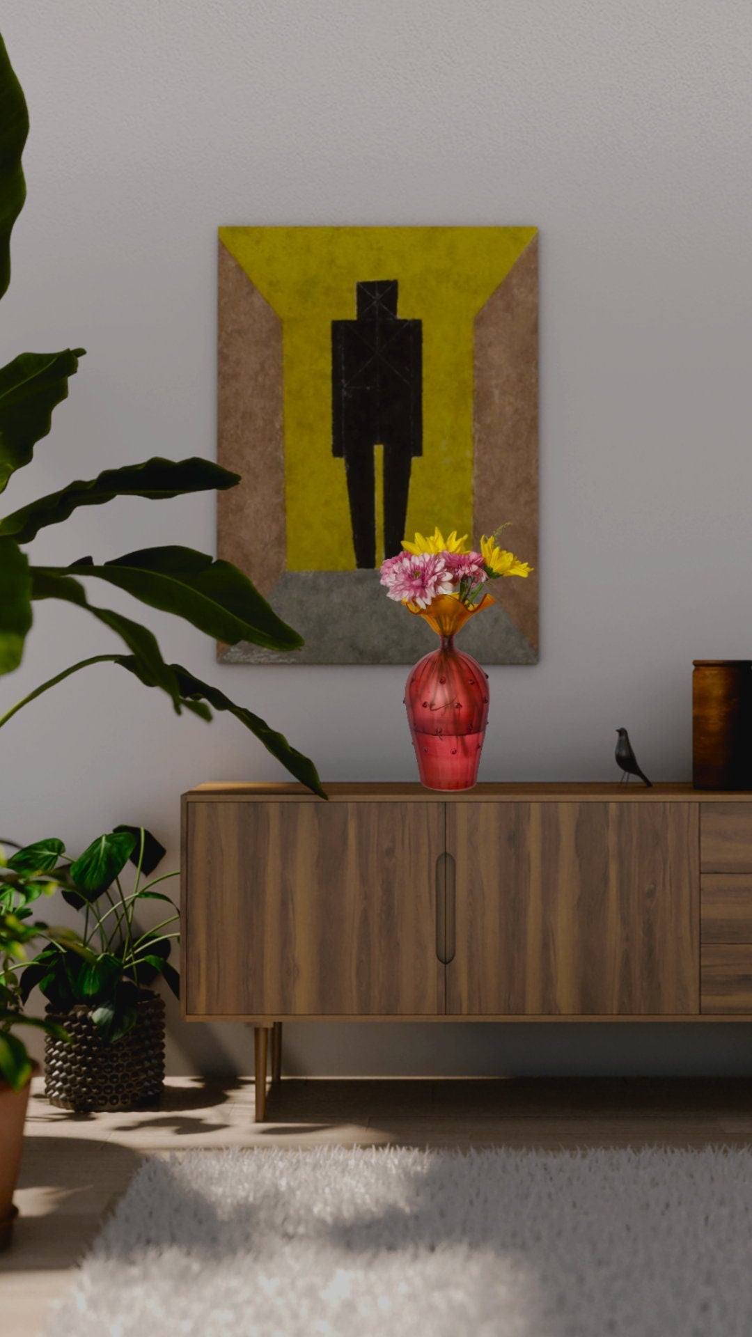 Hand-Blown Ruby and Yellow Glass Vase – Unique Ruffled Top Decorative Centerpiece | Les Trois Pyramides
