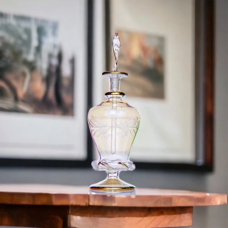 Custom Perfume Bottle - Perfume Bottle Gold - Hand Painted - Colored Glassware - Antique Glassware - Empty Perfume Bottle - Hand Blown Glass - Les Trois Pyramides