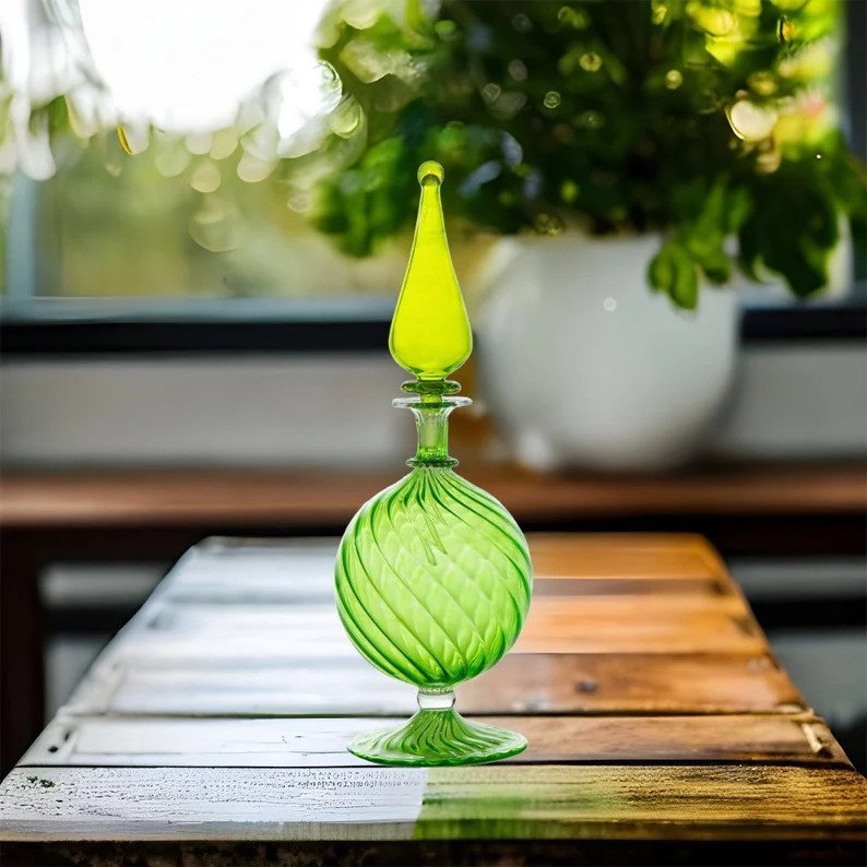 Handblown Green Glass Decorative Bottle - Unique Art Glass Bottle with Swirl Design for Home Decor | Les Trois Pyramides
