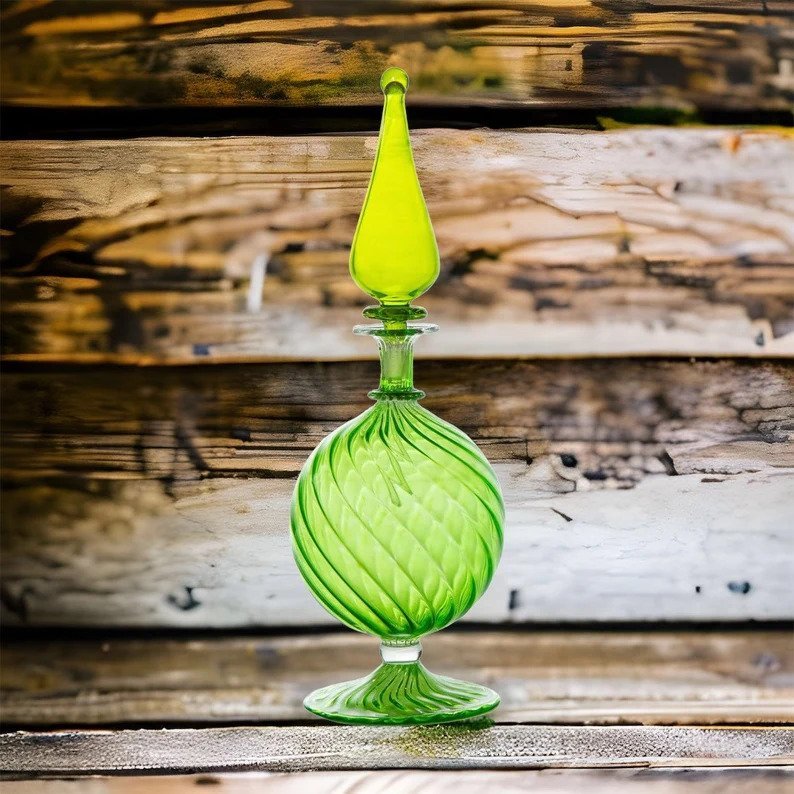 Handblown Green Glass Decorative Bottle - Unique Art Glass Bottle with Swirl Design for Home Decor | Les Trois Pyramides