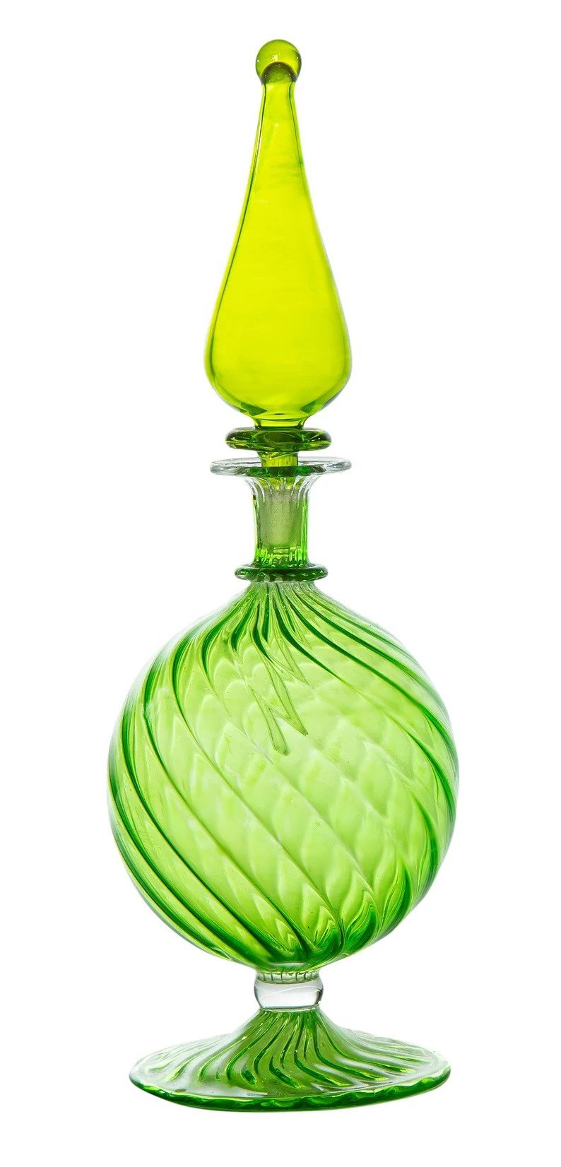 Handblown Green Glass Decorative Bottle - Unique Art Glass Bottle with Swirl Design for Home Decor | Les Trois Pyramides