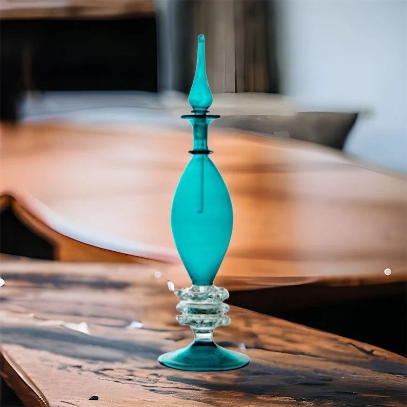 Handblown Teal Perfume Bottle - Elegant Decorative Art Glass with Clear Embellished Base | Les Trois Pyramides