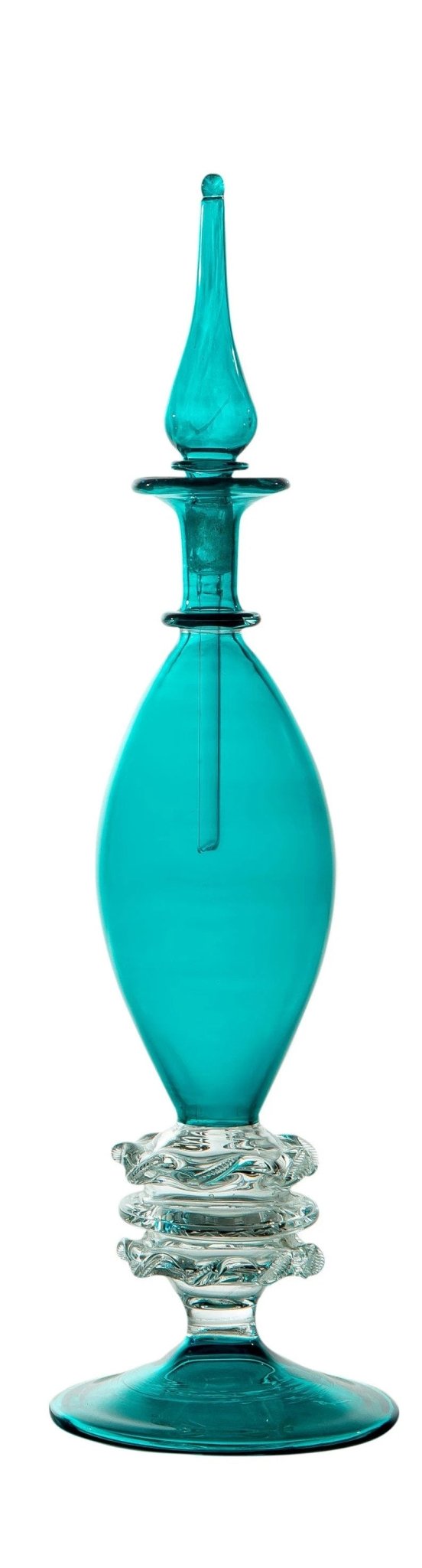 Handblown Teal Perfume Bottle - Elegant Decorative Art Glass with Clear Embellished Base | Les Trois Pyramides