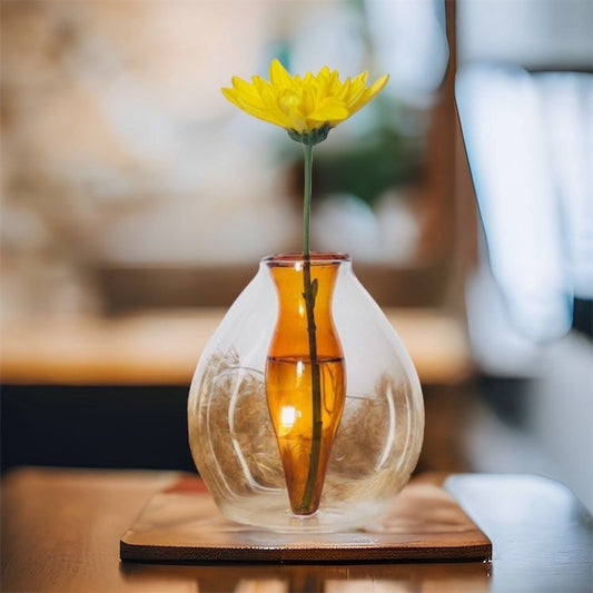 Handcrafted Dual-Layer Glass Vase โ Amber and Clear Artistic Flower Display