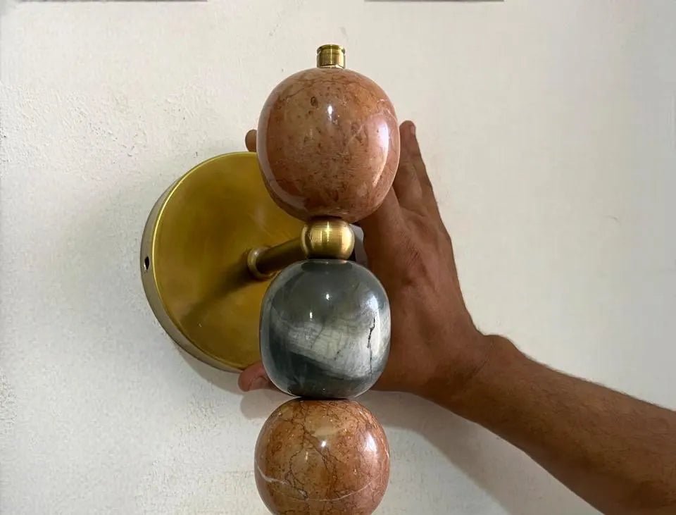 Handcrafted Marble & Brass Light Fixture, Modern Geometric Wall Decor - Les Trois Pyramides