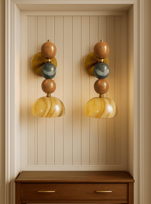 Handcrafted Marble & Brass Light Fixture, Modern Geometric Wall Decor - Les Trois Pyramides