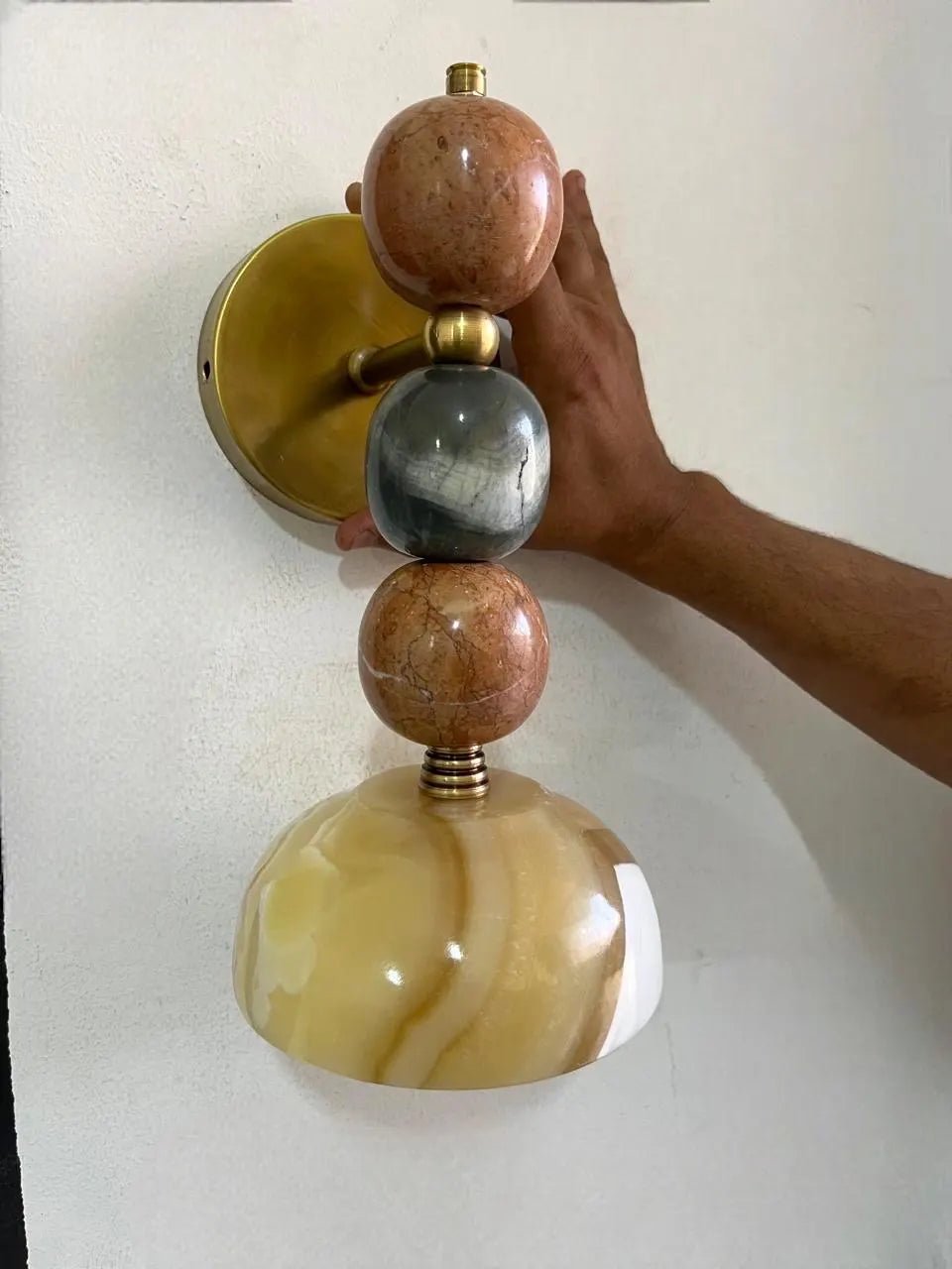 Handcrafted Marble & Brass Light Fixture, Modern Geometric Wall Decor - Les Trois Pyramides