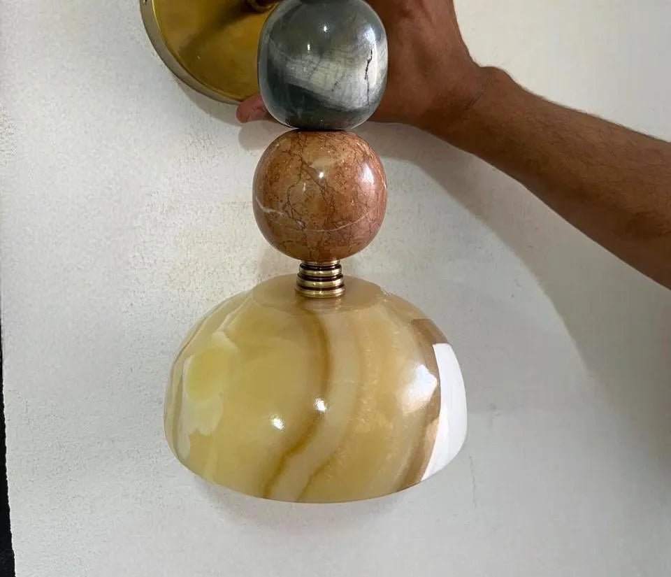 Handcrafted Marble & Brass Light Fixture, Modern Geometric Wall Decor - Les Trois Pyramides