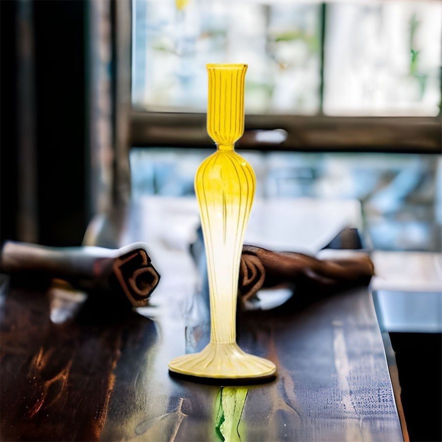 Handcrafted Yellow Ribbed Glass Candle Holder β Elegant Home Accent | Les Trois Pyramide