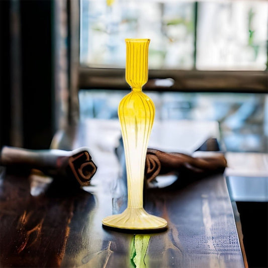 Handcrafted Yellow Ribbed Glass Candle Holder โ Elegant Home Accent | Les Trois Pyramide