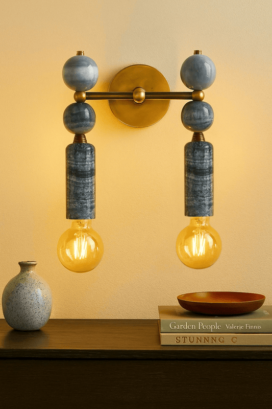 Handmade Brass finish sconce Double light with unique Marble Gemstones - Les Trois Pyramides