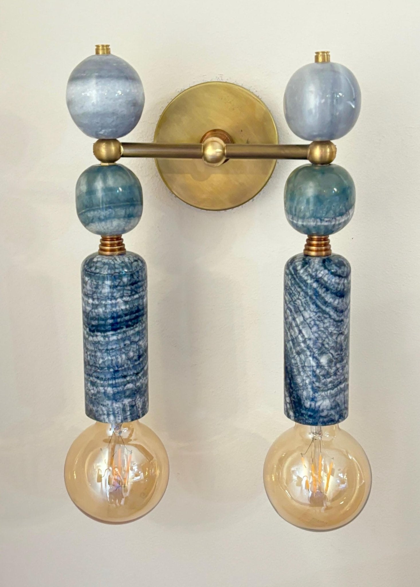 Handmade Brass finish sconce Double light with unique Marble Gemstones - Les Trois Pyramides
