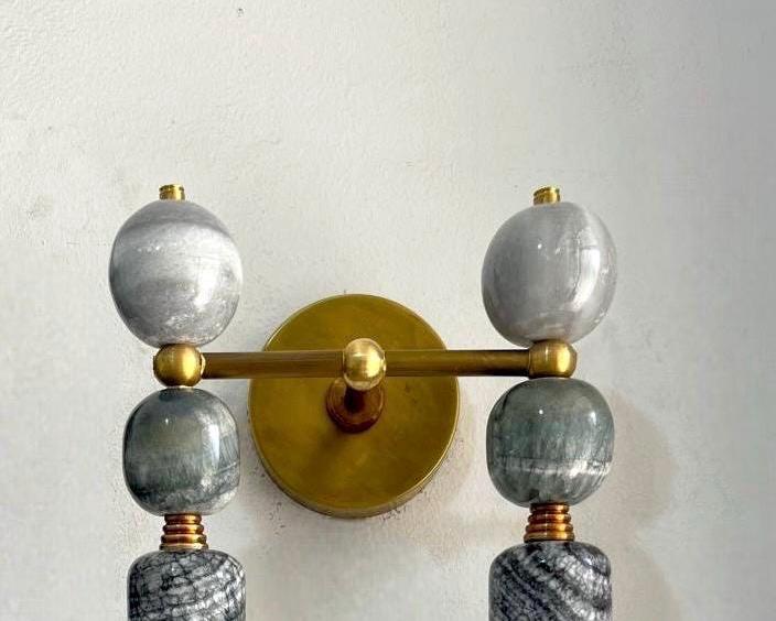 Handmade Brass finish sconce Double light with unique Marble Gemstones - Les Trois Pyramides