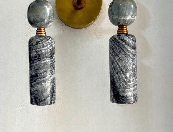 Handmade Brass finish sconce Double light with unique Marble Gemstones - Les Trois Pyramides